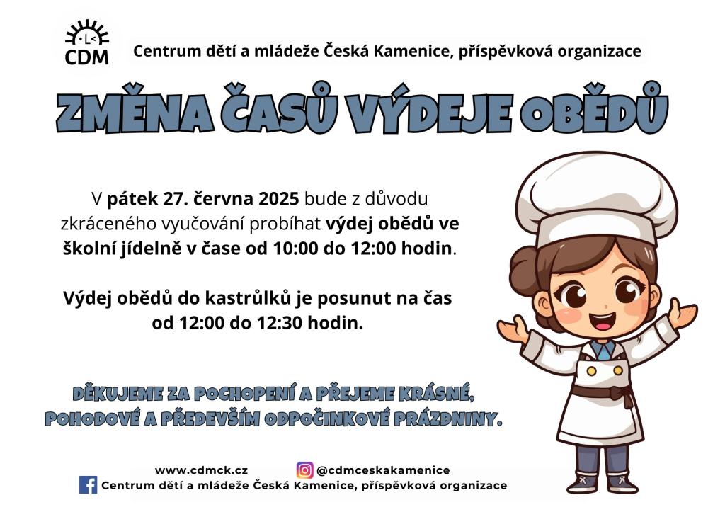 VÝDEJ OBĚDŮ PÁTEK 27. 6. 2025